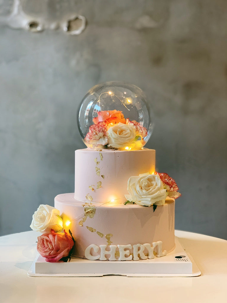 Two Tier Crystal Ball with Fresh Florals Cake